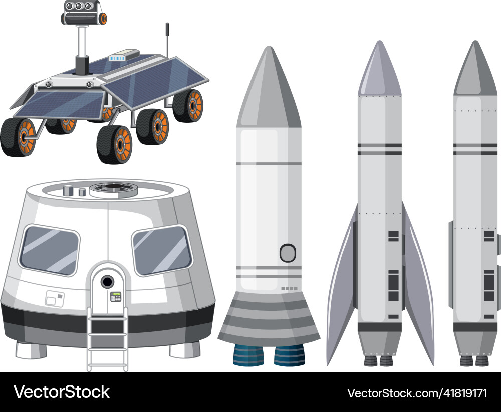Set of spaceship and satellite objects vector image