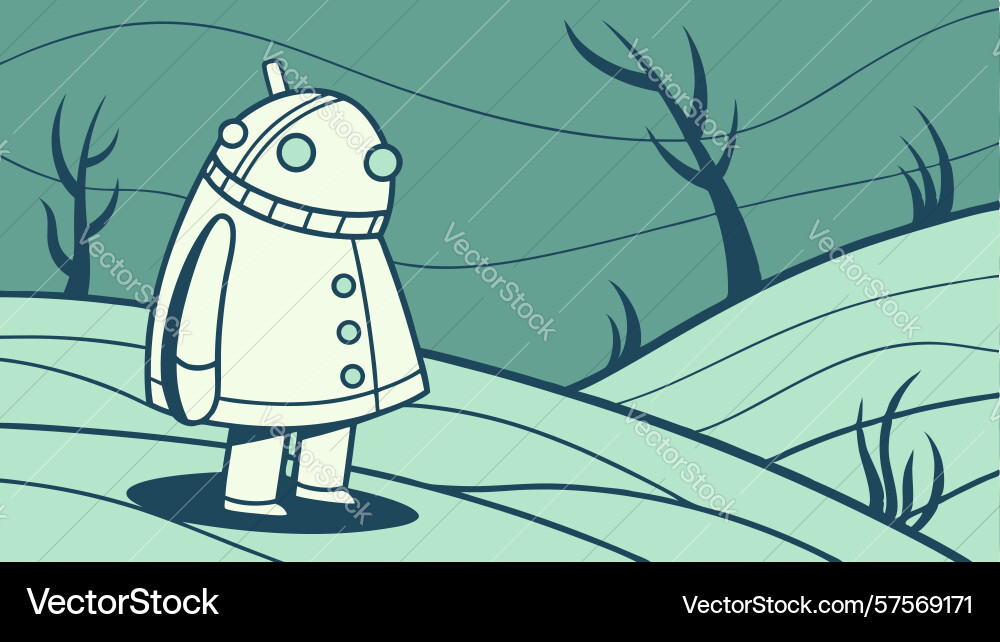 Whimsical robot character on a hill design Vector Image