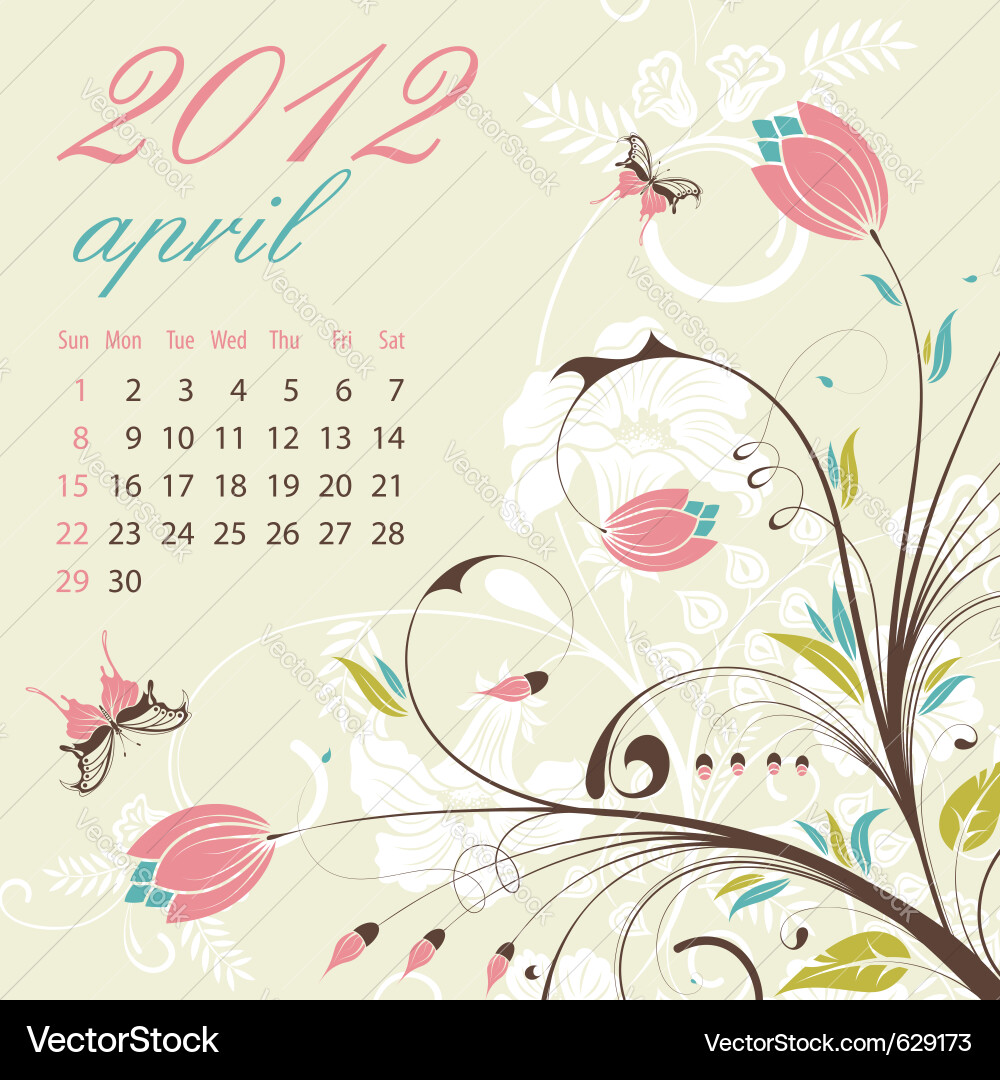 April 2012 Calendar with Floral Elements Vector Image