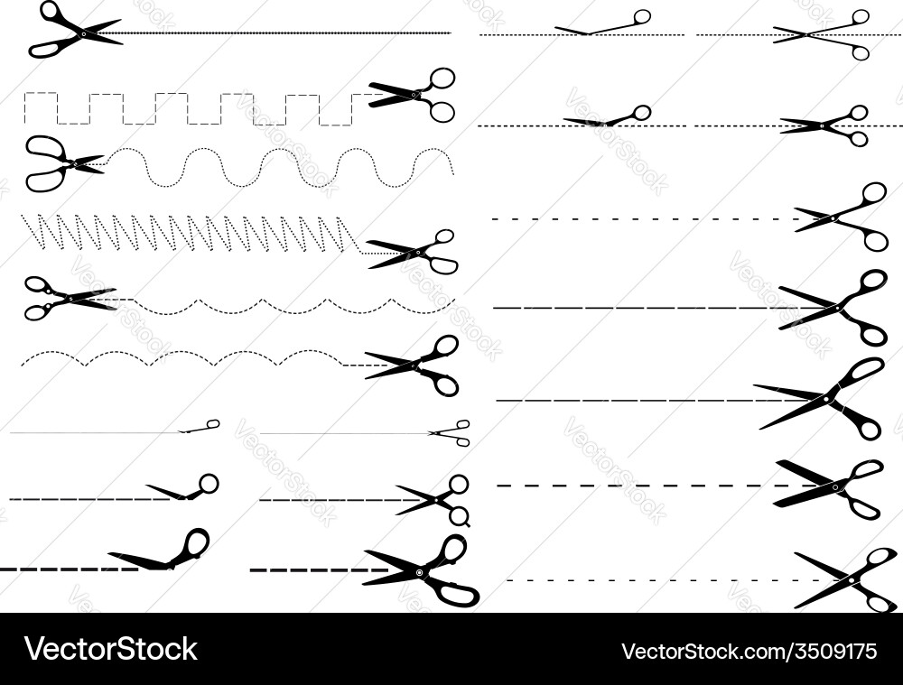 Dotted and dashed cut lines with scissors set vector image