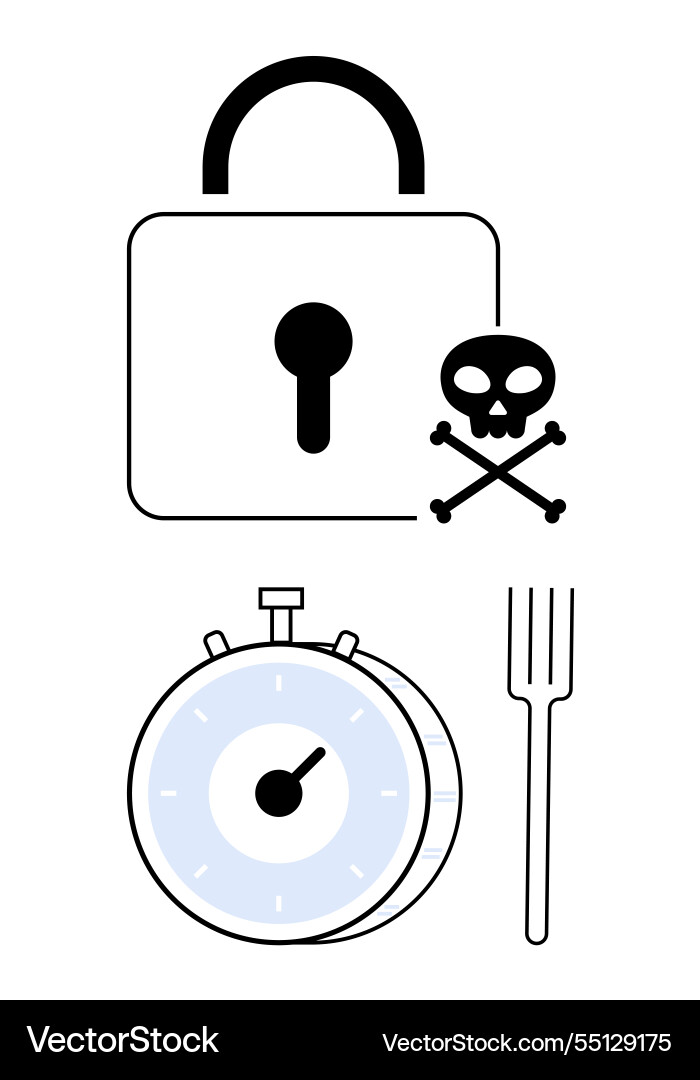 Lock with skull symbol and timer beside fork Lock with skull symbol and timer beside fork vector image
