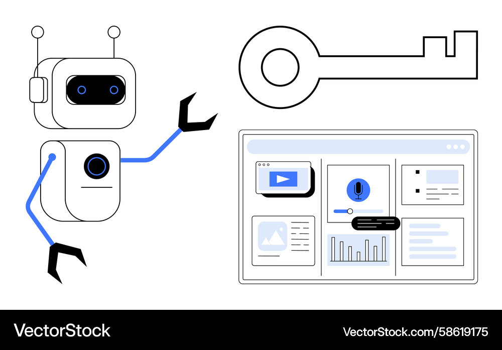 Robot analyzing dashboard with key symbolizing Robot analyzing dashboard with key symbolizing Vector Image