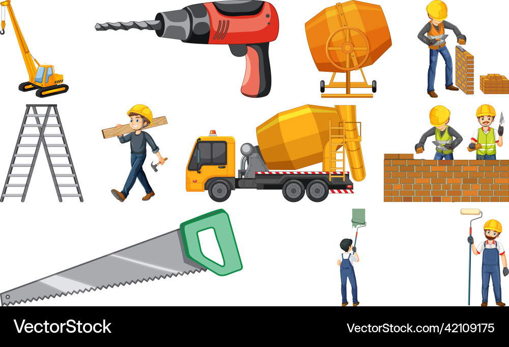 Set of construction site objects and workers Set of construction site objects and workers vector image