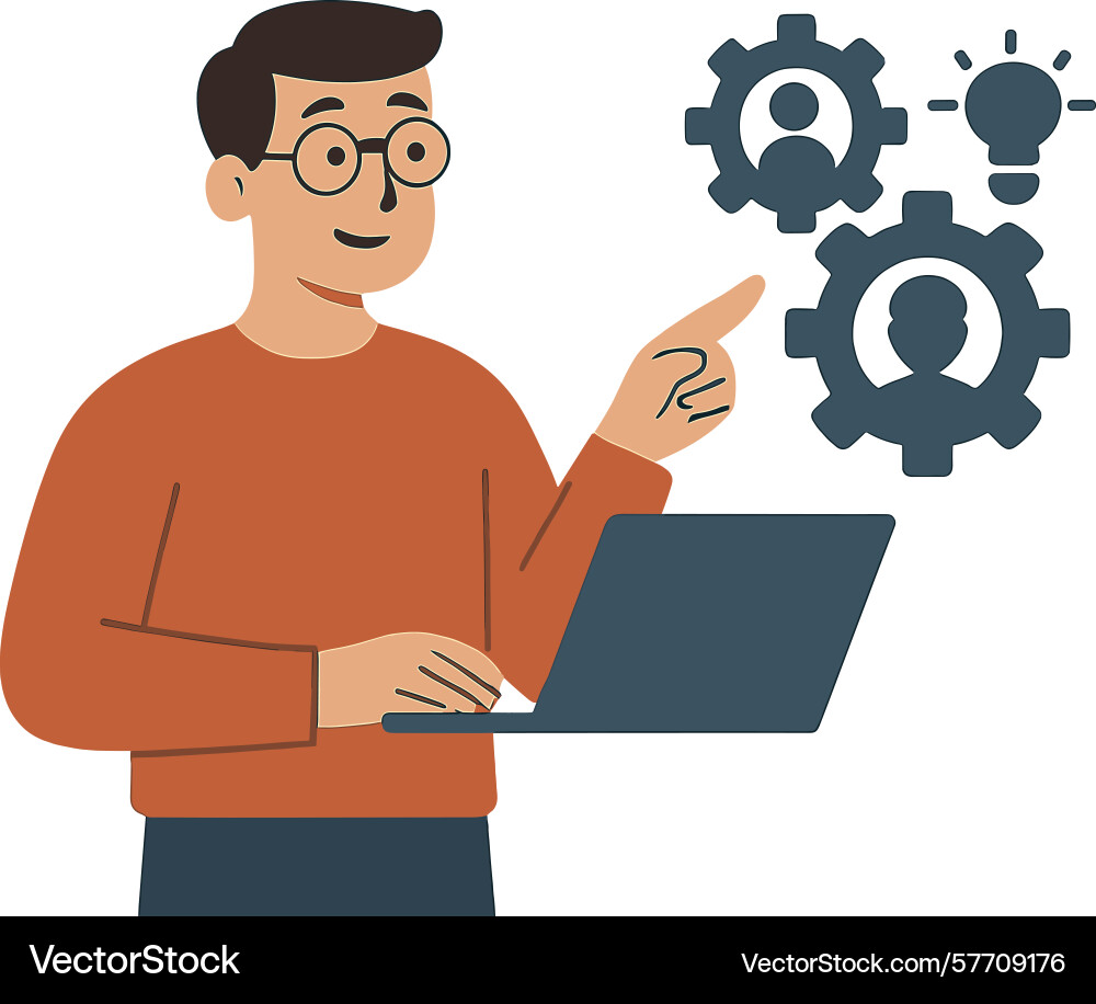 Man using laptop pointing at gears representing Man using laptop pointing at gears representing vector image