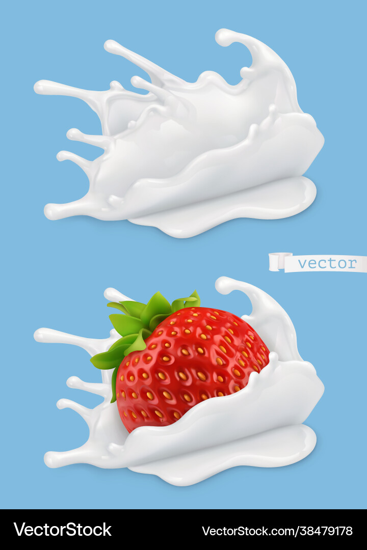 Milk splash and strawberry 3d realistic objects Milk splash and strawberry 3d realistic objects vector image