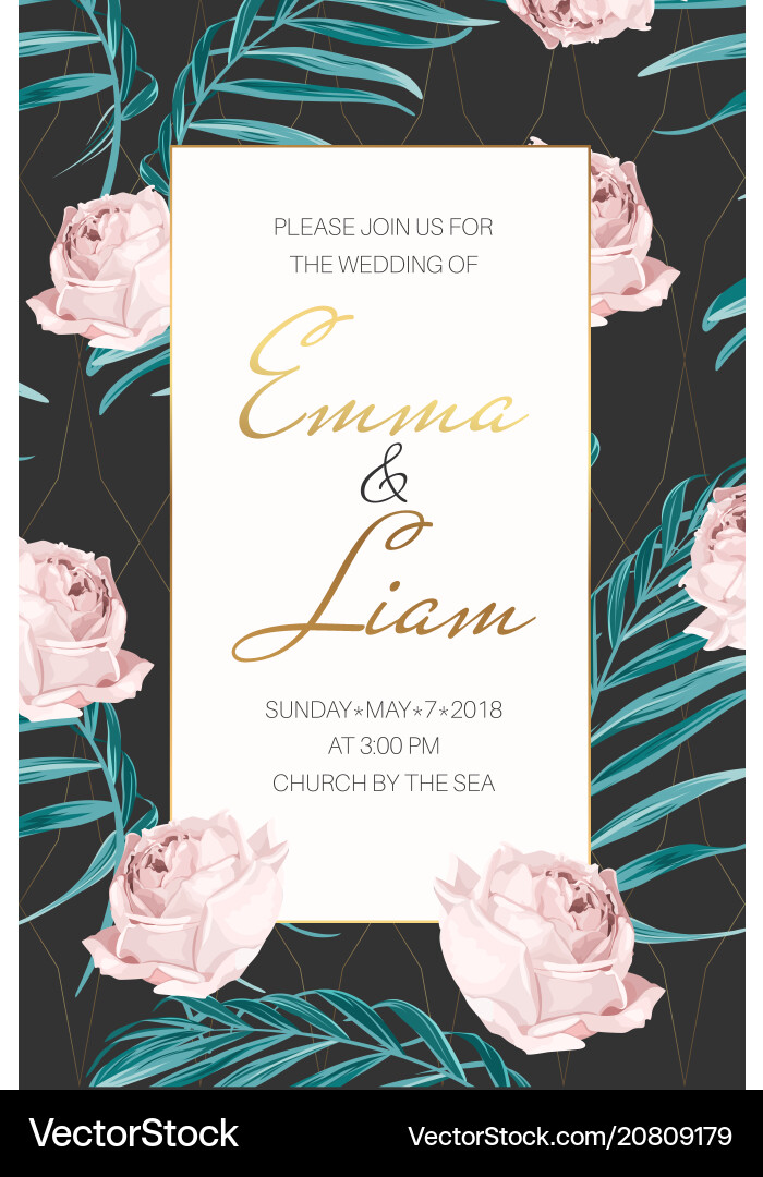 Wedding invitation rose flowers palm tree leaves Wedding invitation rose flowers palm tree leaves Vector Image