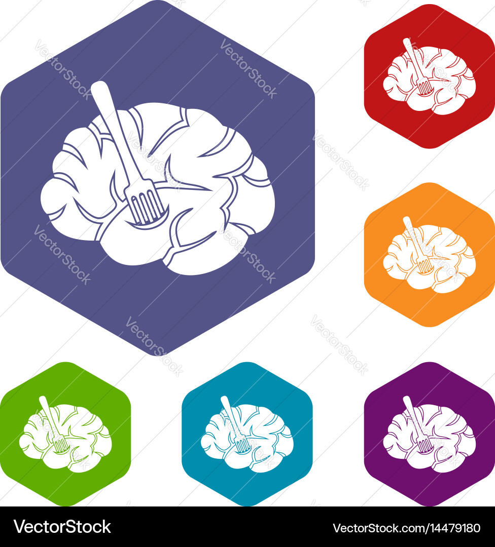 Fork is inserted into the brain icons set hexagon vector image