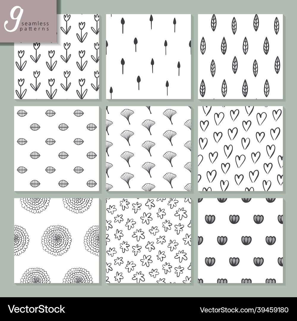 Set of nine hand drawn seamless abstract patterns Set of nine hand drawn seamless abstract patterns vector image