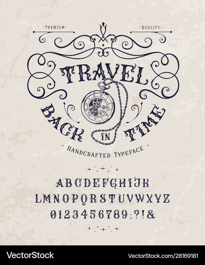 Font travel back in time vintage letters numbers Font travel back in time vintage letters numbers vector image