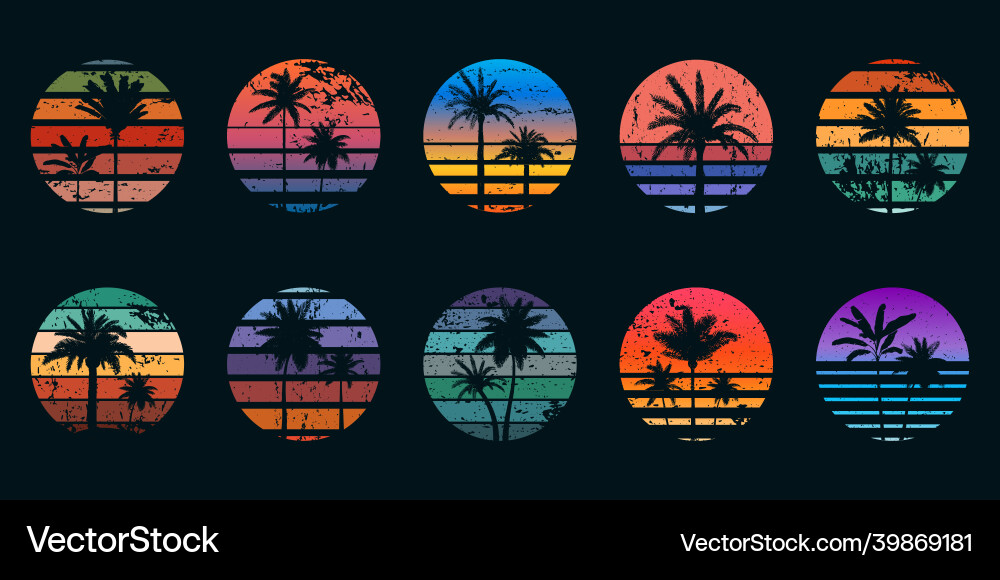 Retro Sunset Palm Trees Vector Image