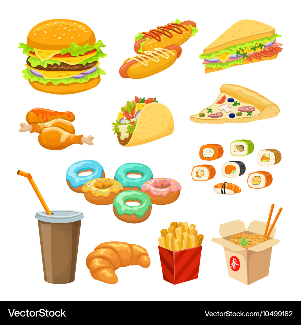 Fast food colorful objects set vector image