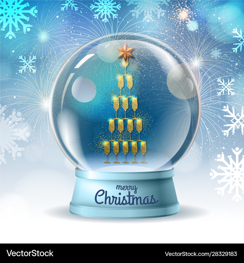 Realistic snow globe with golden champagne glasses Realistic snow globe with golden champagne glasses vector image