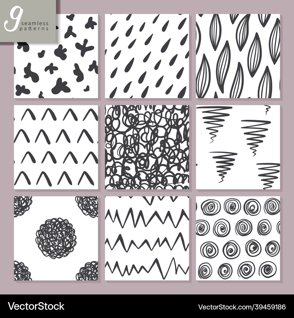 Set of nine hand drawn seamless abstract patterns Set of nine hand drawn seamless abstract patterns vector image