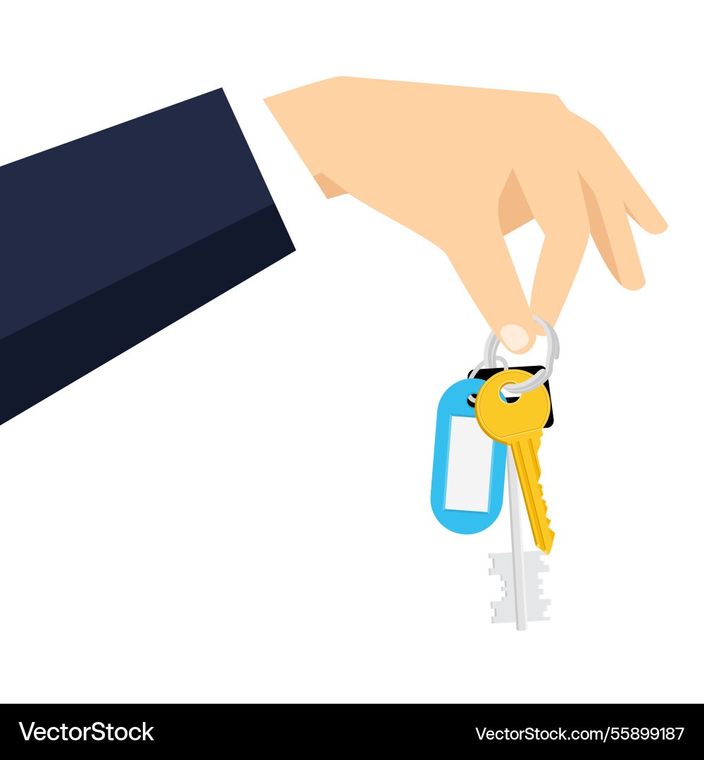 Male hand holding house keys with keychain tag Male hand holding house keys with keychain tag vector image