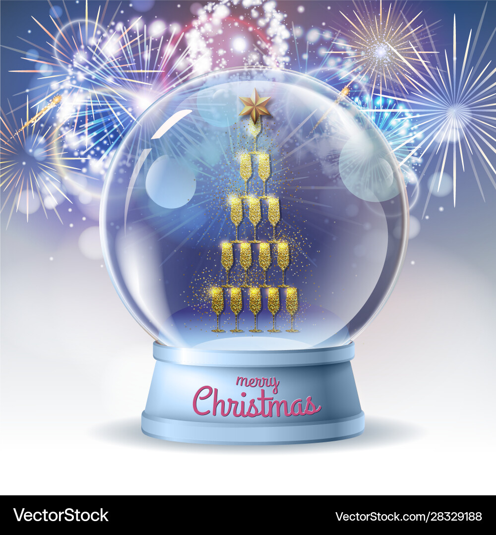Realistic snow globe with golden champagne glasses Realistic snow globe with golden champagne glasses vector image