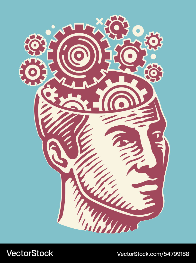 Rotating gears in head thinking brain Rotating gears in head thinking brain vector image