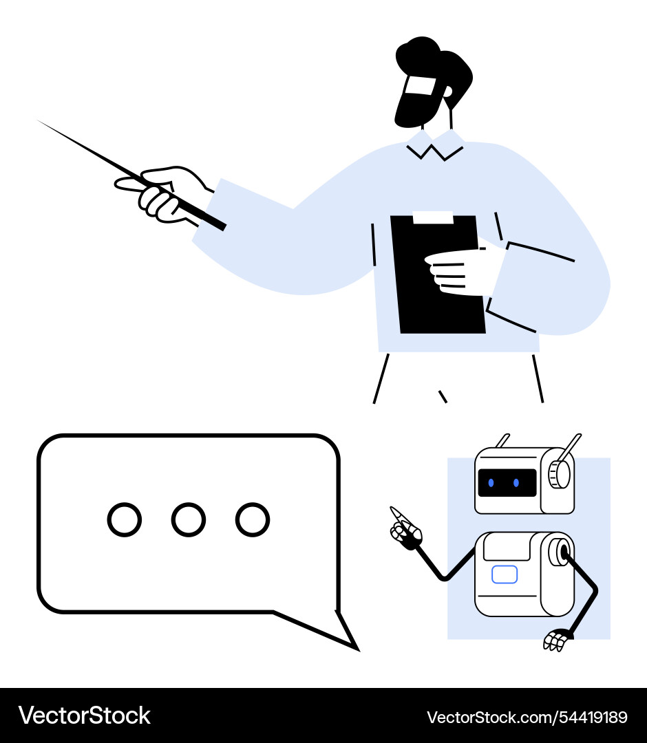 Person holding pointer speech bubble and robot Vector Image