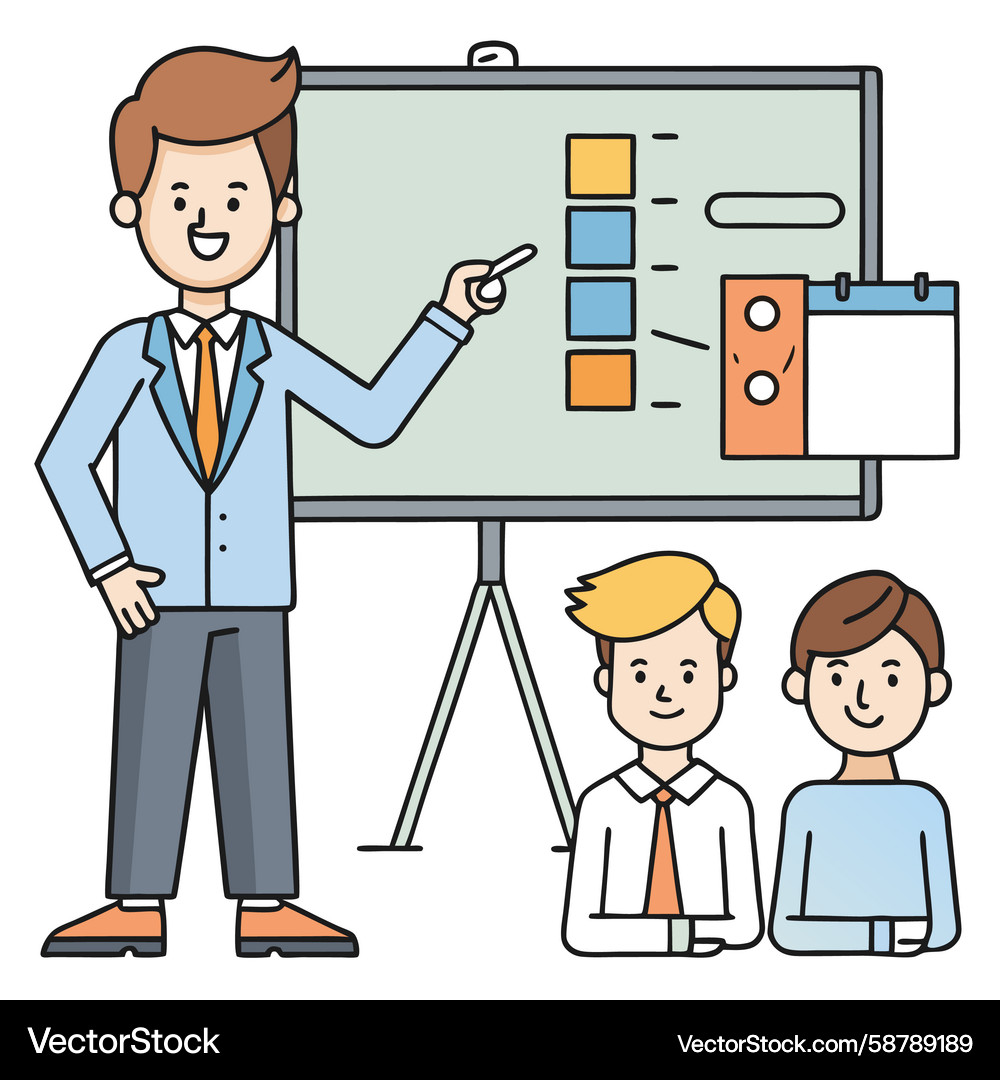 Presentation with man pointing at chart two men Vector Image