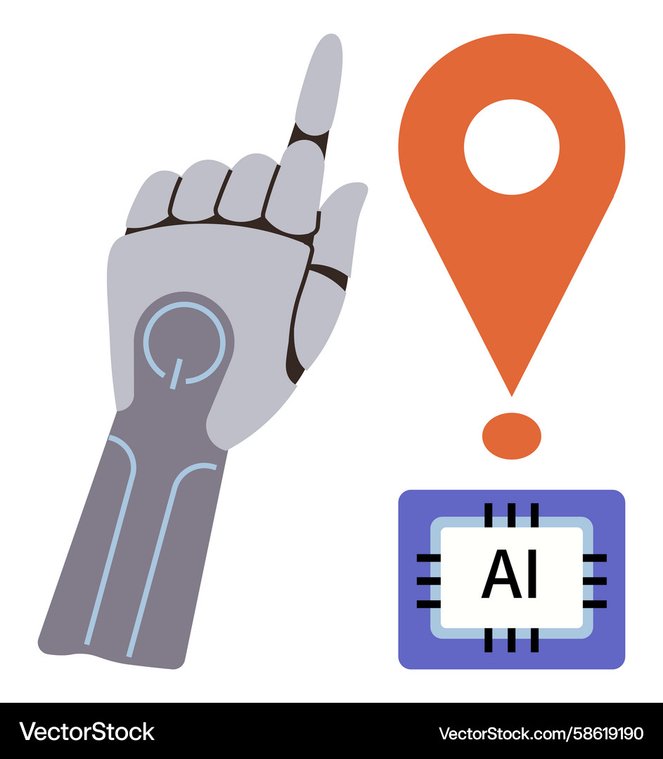 Robotic hand pointing towards location pin with ai Robotic hand pointing towards location pin with ai Vector Image