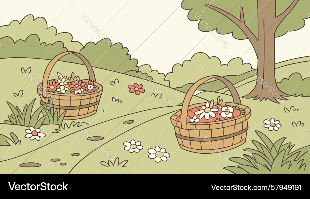 Rustic Orchard Path with Baskets Vector Image