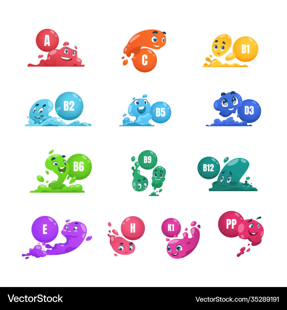 Vitamins cartoon mascots microelements Vitamins cartoon mascots microelements vector image
