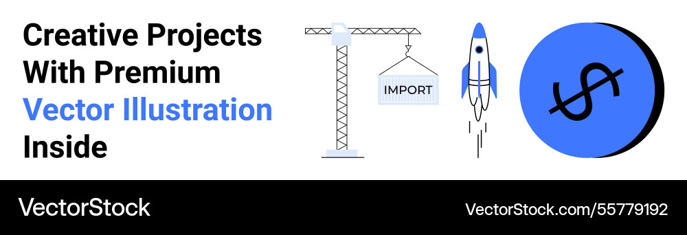 Crane with import container rocket launch Crane with import container rocket launch vector image