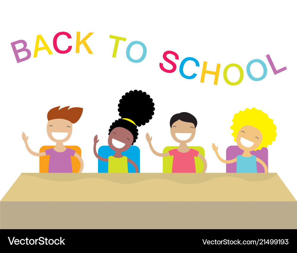 Happy school kids studying and raising their hands Happy school kids studying and raising their hands vector image