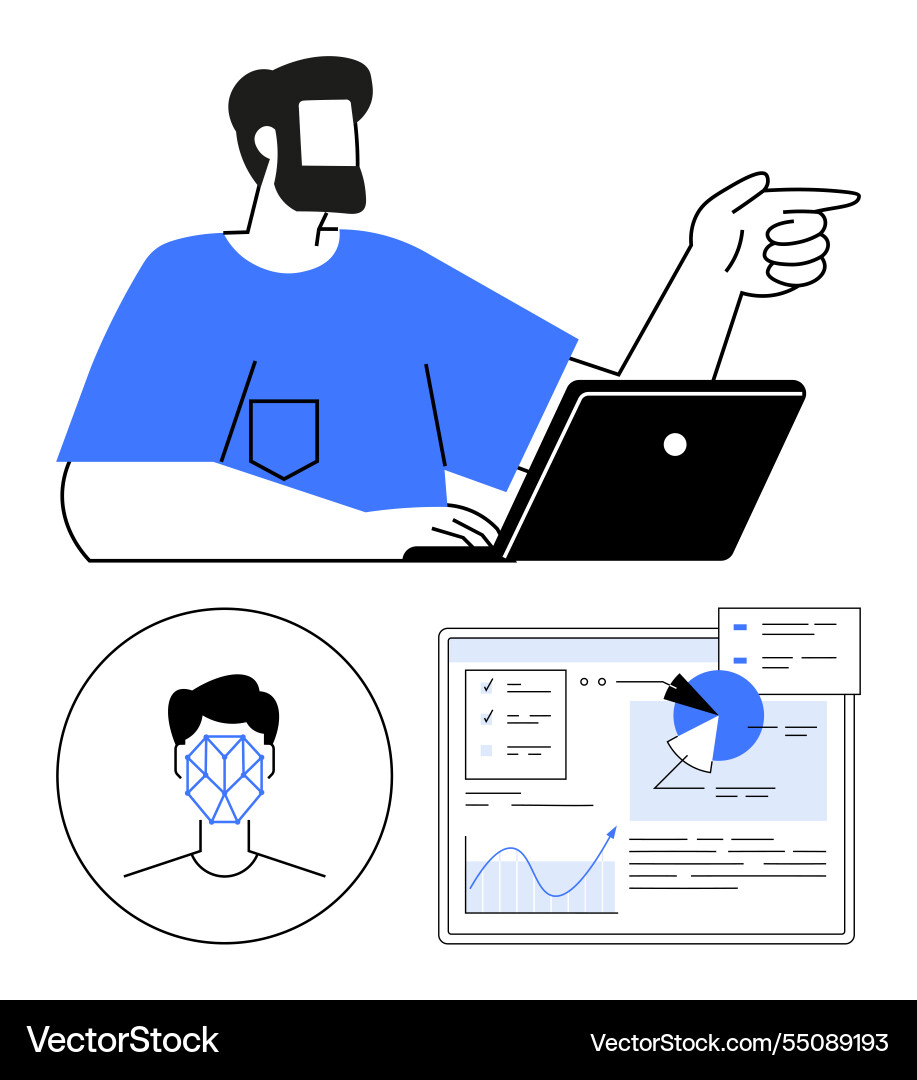 Man using laptop with facial recognition profile vector image