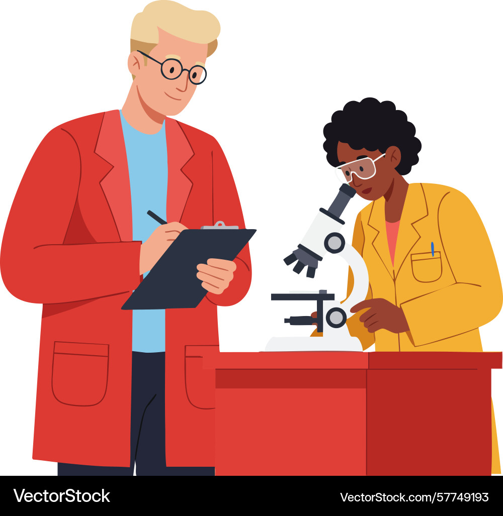 Scientists working in laboratory with microscope Scientists working in laboratory with microscope Vector Image
