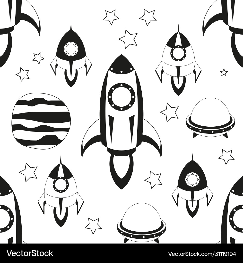 Cute Space Rockets & UFO Pattern Vector Image