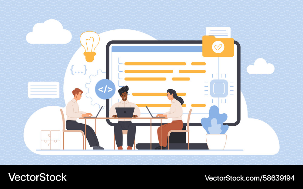 Team of software developers working together Team of software developers working together Vector Image