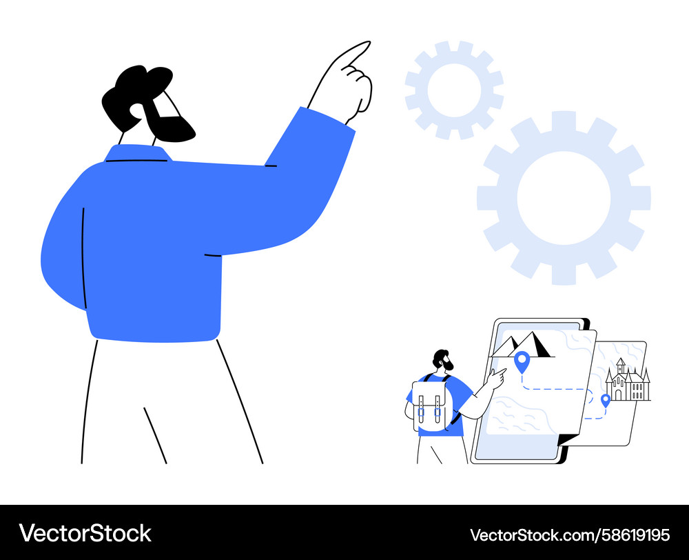Man navigating digital map and gear icons Vector Image