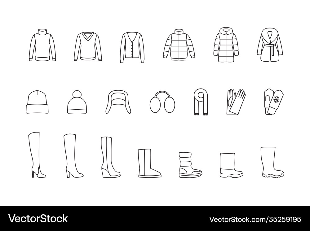 Winter clothes shoes line icons set Winter clothes shoes line icons set vector image