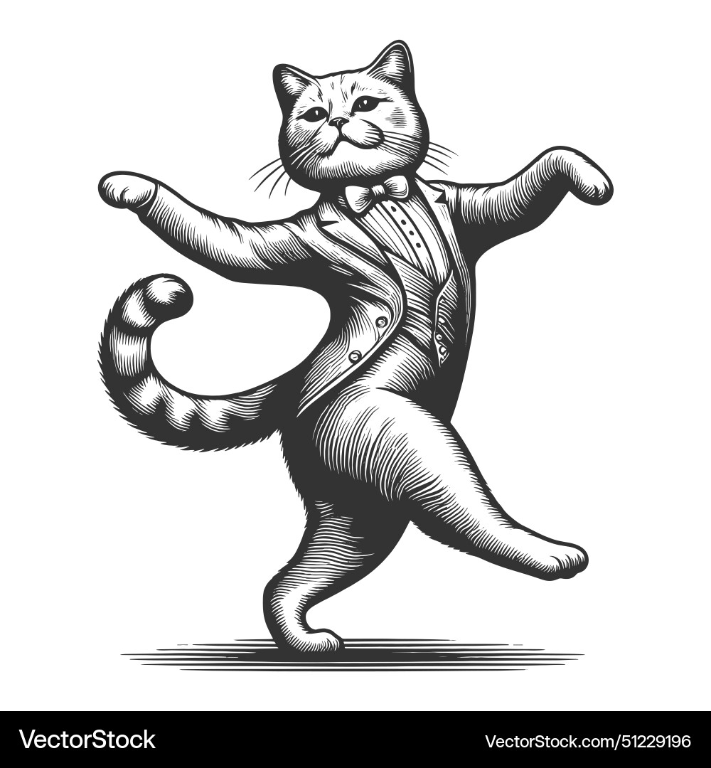 Cat dancing joyfully engraving Royalty Free Vector Image