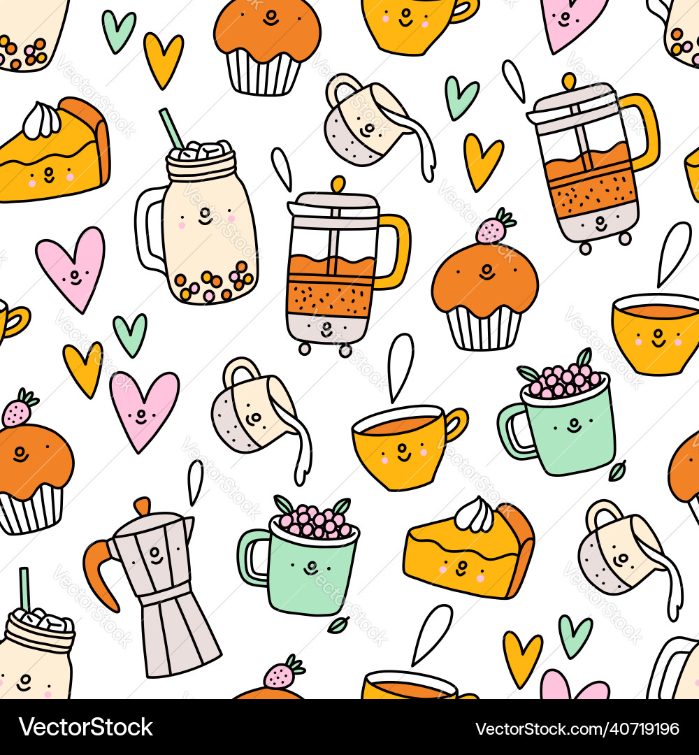 Cute coffee and tea cartoon characters pattern Cute coffee and tea cartoon characters pattern vector image
