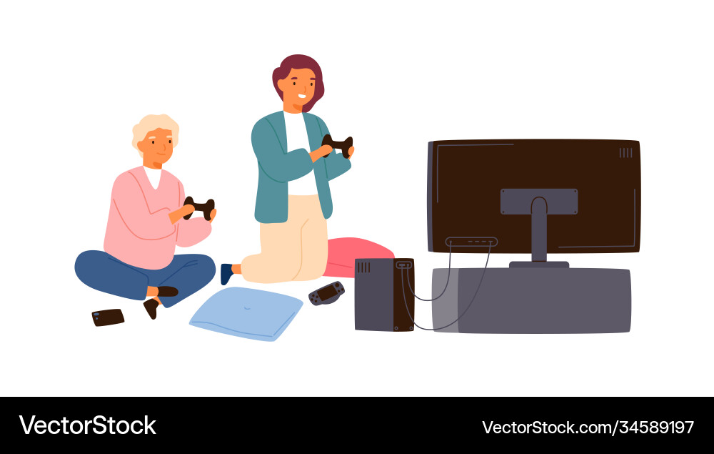 Kinder spielen Videospiel mit Joysticks zu Hause Kinder spielen Videospiel mit Joysticks zu Hause vektorbild