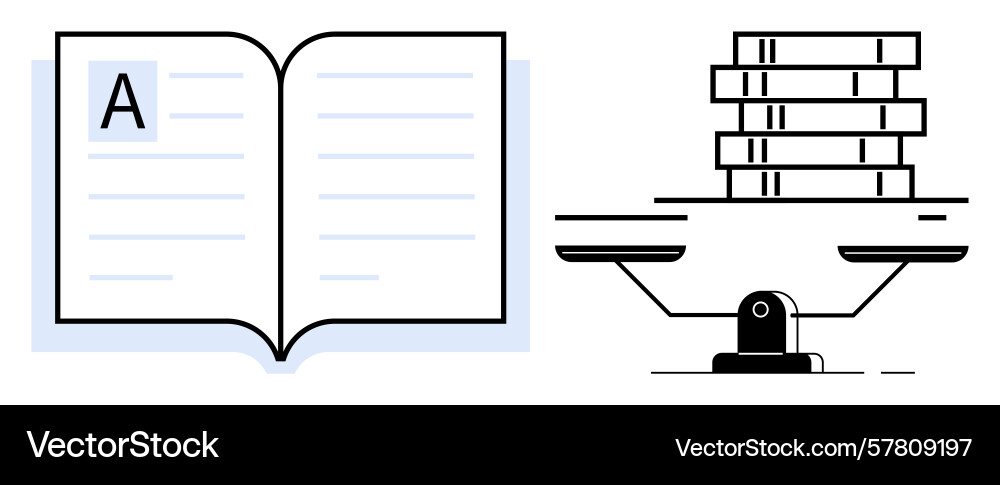 Open book and balanced scale with stacked books Open book and balanced scale with stacked books vector image