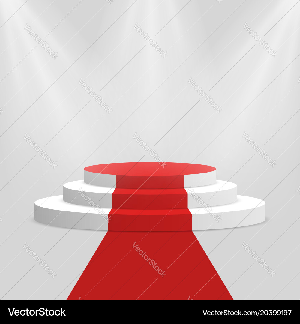 Red carpet and podium white round pedestal Vector Image
