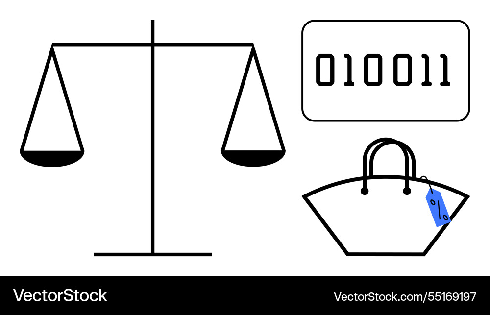Scale with binary code and shopping bag tag Vector Image