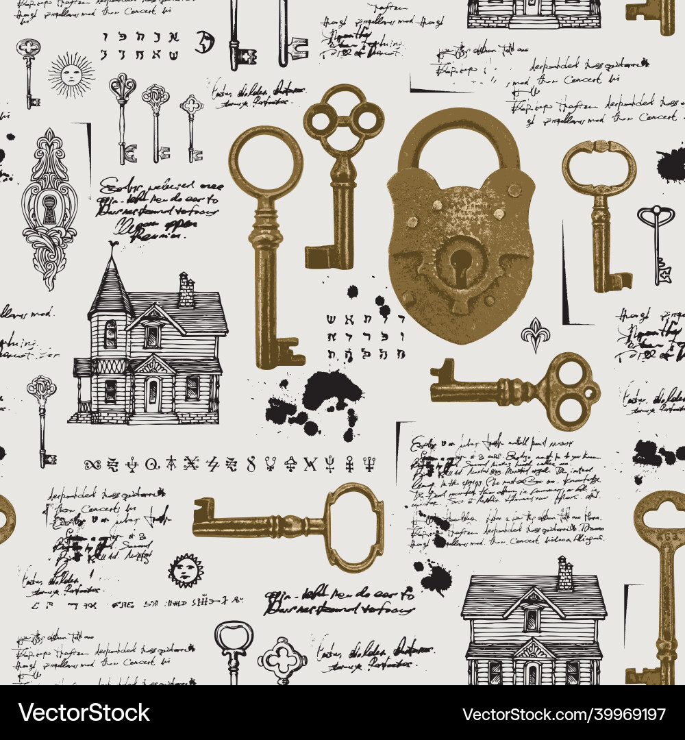 Seamless pattern with old keys padlock and houses Seamless pattern with old keys padlock and houses vector image
