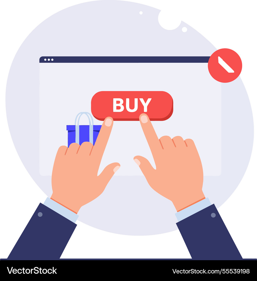 Hands pressing a red buy button on computer Hands pressing a red buy button on computer vector image
