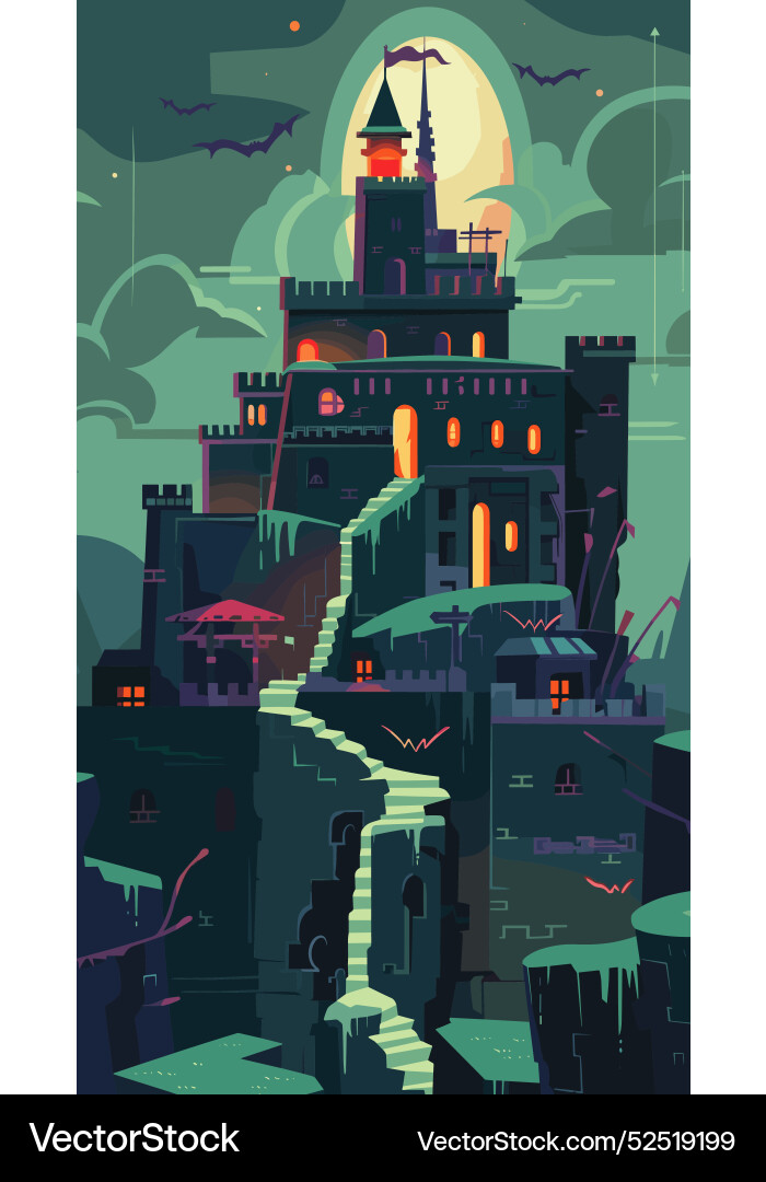 Haunted castle silhouette against full moon bats Haunted castle silhouette against full moon bats vector image