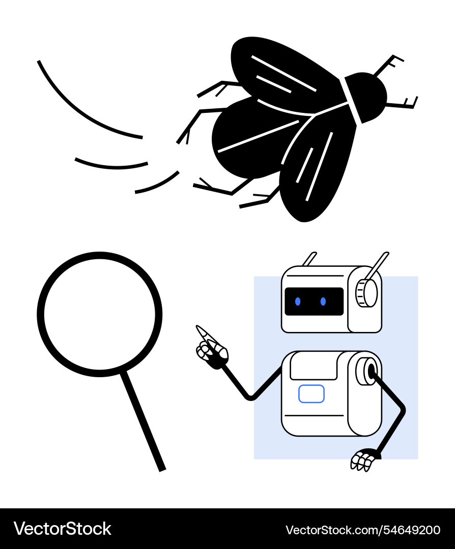 Robot pointing at flying insect with magnifying Robot pointing at flying insect with magnifying vector image