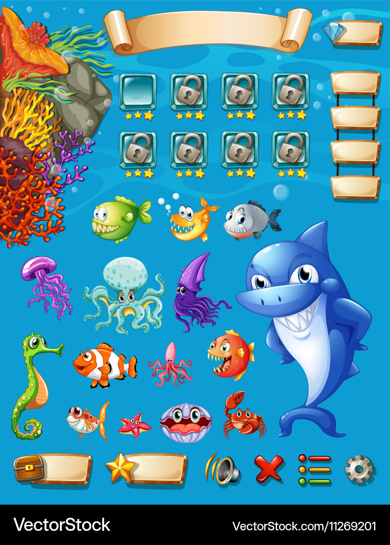 Underwater Game Template with Sea Animals Vector Image