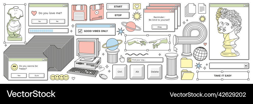 Old computer aestethic retro pc elements Old computer aestethic retro pc elements Vector Image
