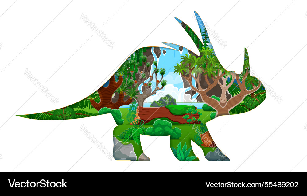 Paper cut dinosaur silhouette and forest landscape Paper cut dinosaur silhouette and forest landscape vector image