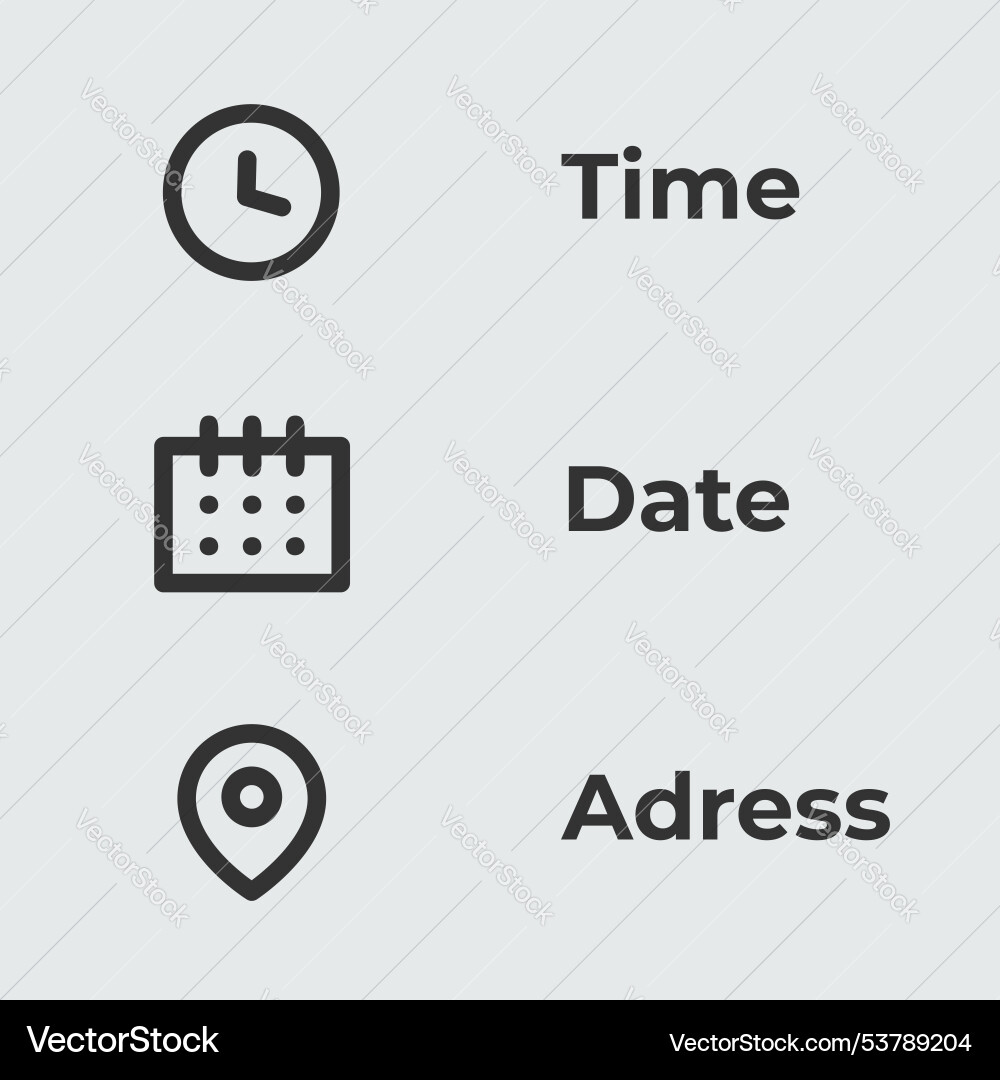 Time date and address concept isolated Time date and address concept isolated Vector Image