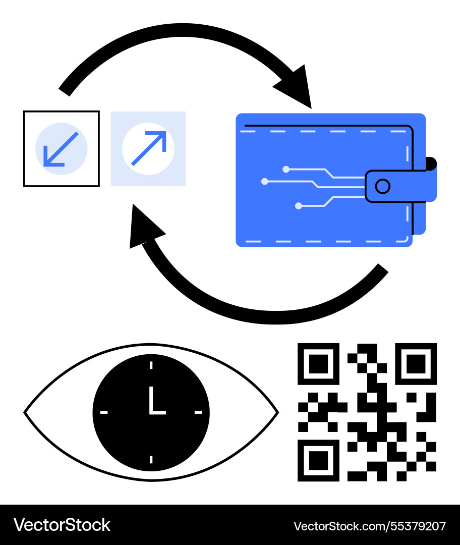 Digital wallet with arrows qr code clock eye vector image