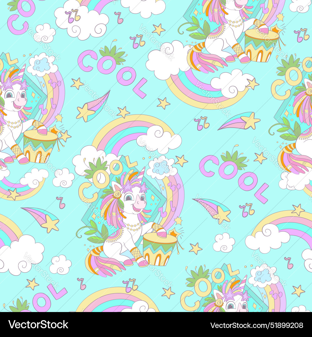 Cute unicorn with a drum seamless pattern Cute unicorn with a drum seamless pattern vector image