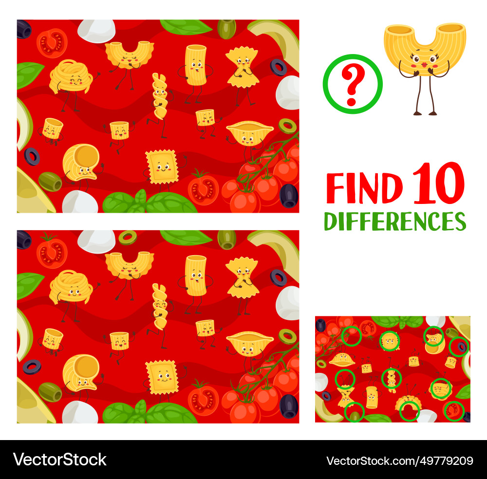 Find ten differences italian pasta character game vector image